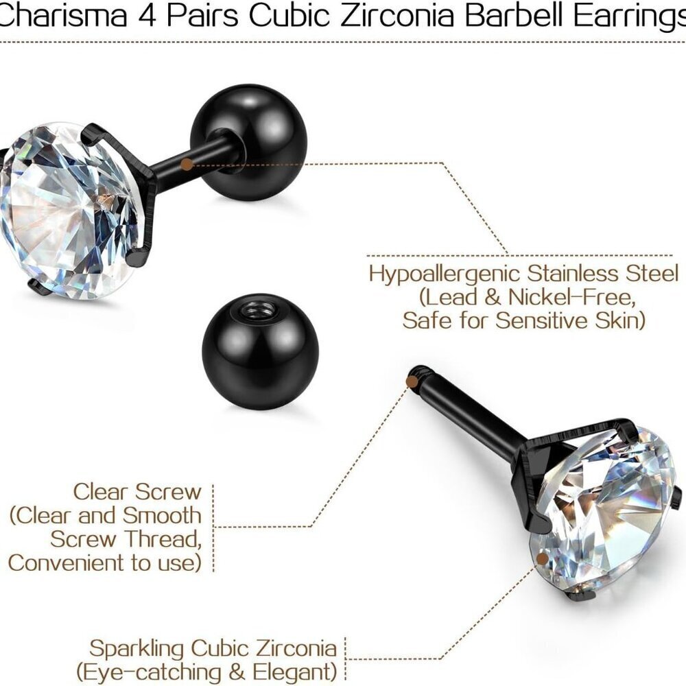 Stainless Steel Screw Back Barbell Earrings | 4 Pairs in Various Sizes and CZ - Picture 3 of 7